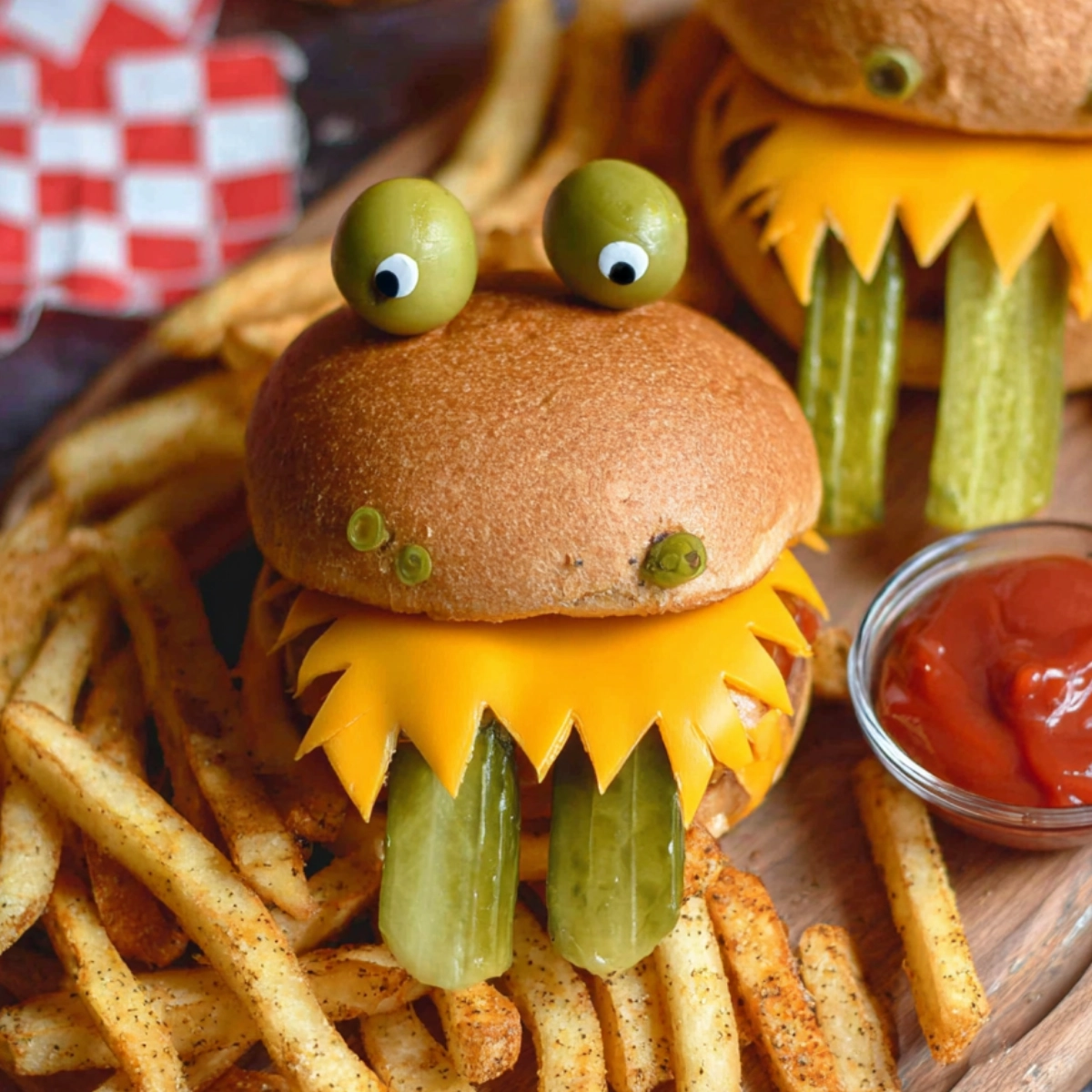 A creative burger monster with cheddar cheese, pickles as tongues, and green olives as eyes, surrounded by crispy French fries and ketchup.