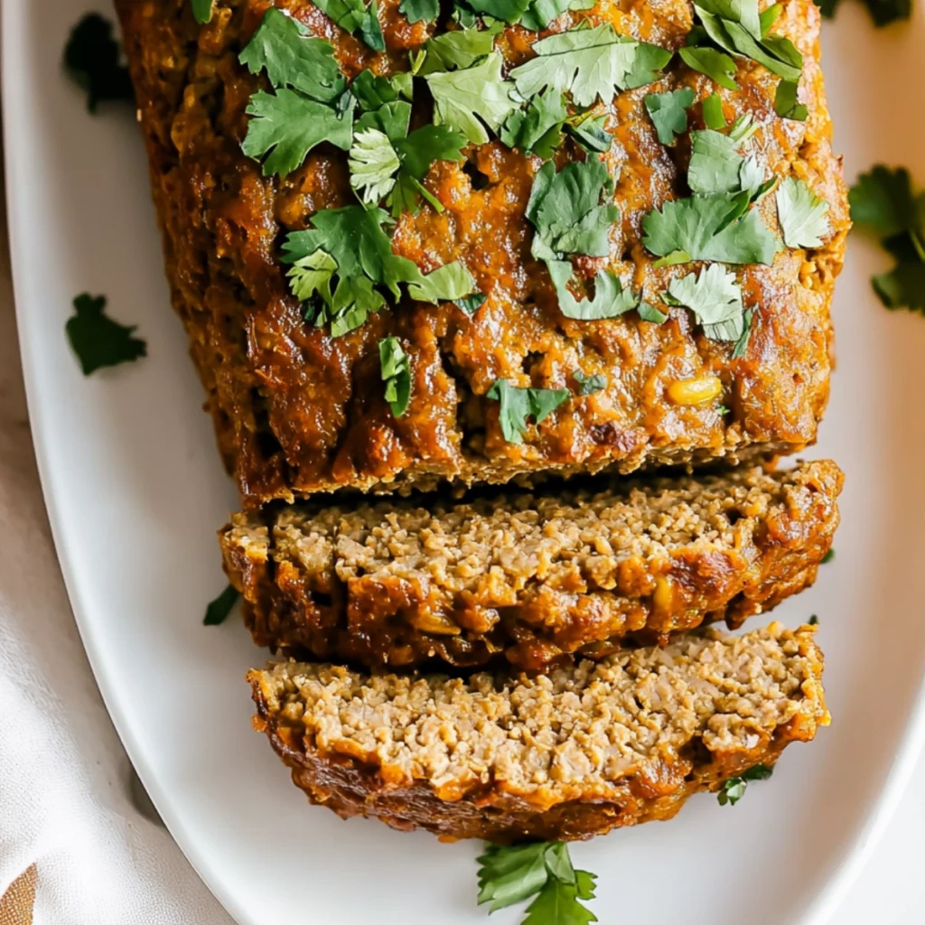 Vegetarian meatloaf slices garnished with fresh cilantro, served on a white dish, showcasing the moist texture and golden-brown exterior.