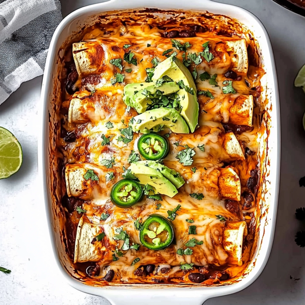Freshly baked enchiladas topped with cheese, avocado, jalapenos, and cilantro in a white baking dish with lime wedges on the side.
