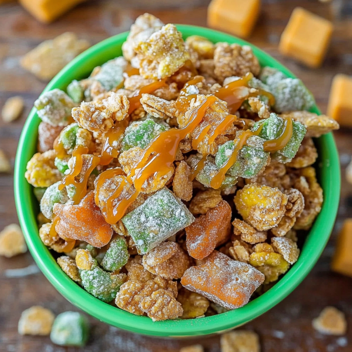Bowl of cereal snack mix with caramel drizzle, granola, and cinnamon sugar on a wooden surface.