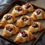 Golden croissants filled with cream cheese, topped with cranberry jam and crushed pecans on a rustic tray.