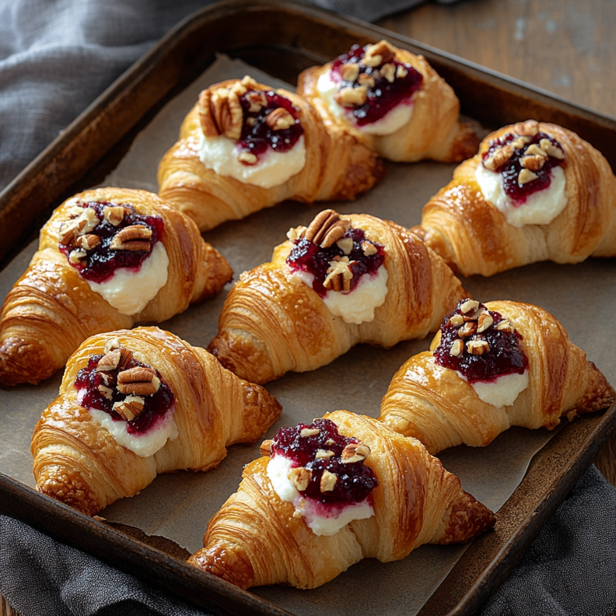 Golden croissants filled with cream cheese, topped with cranberry jam and crushed pecans on a rustic tray.