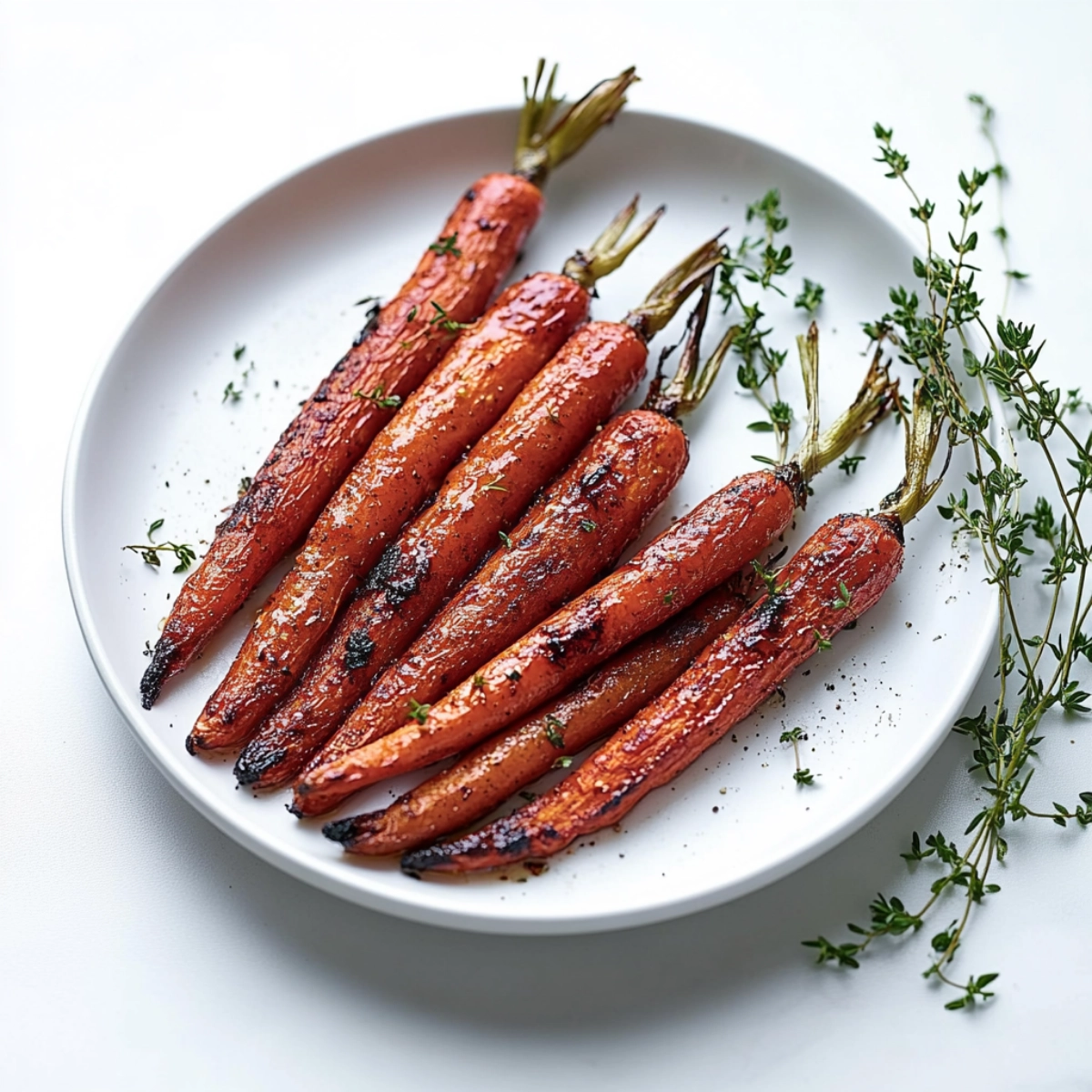 A plate of roasted carrots garnished with fresh thyme, showcasing a perfectly charred and caramelized texture.