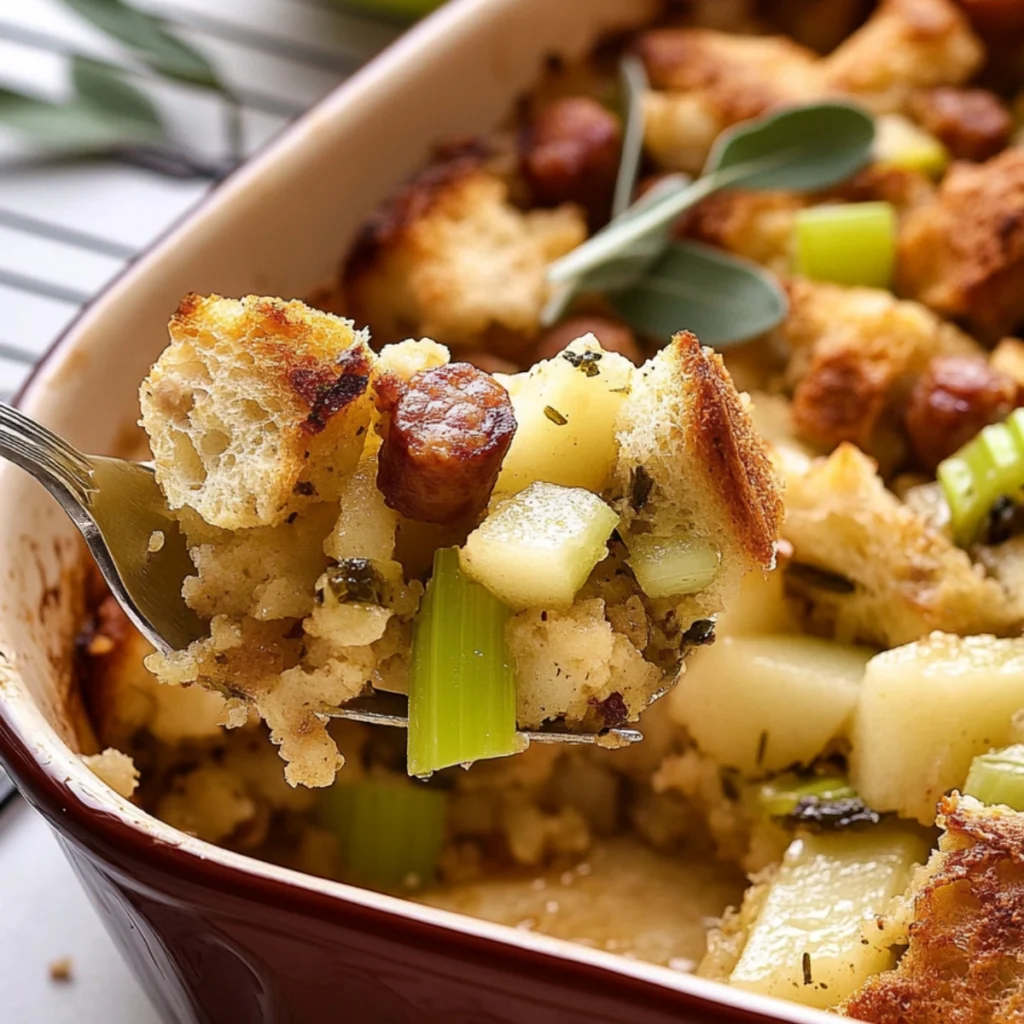 Delicious homemade stuffing with green apples, sausage, and sage, served in a ceramic dish with crispy bread cubes on top.