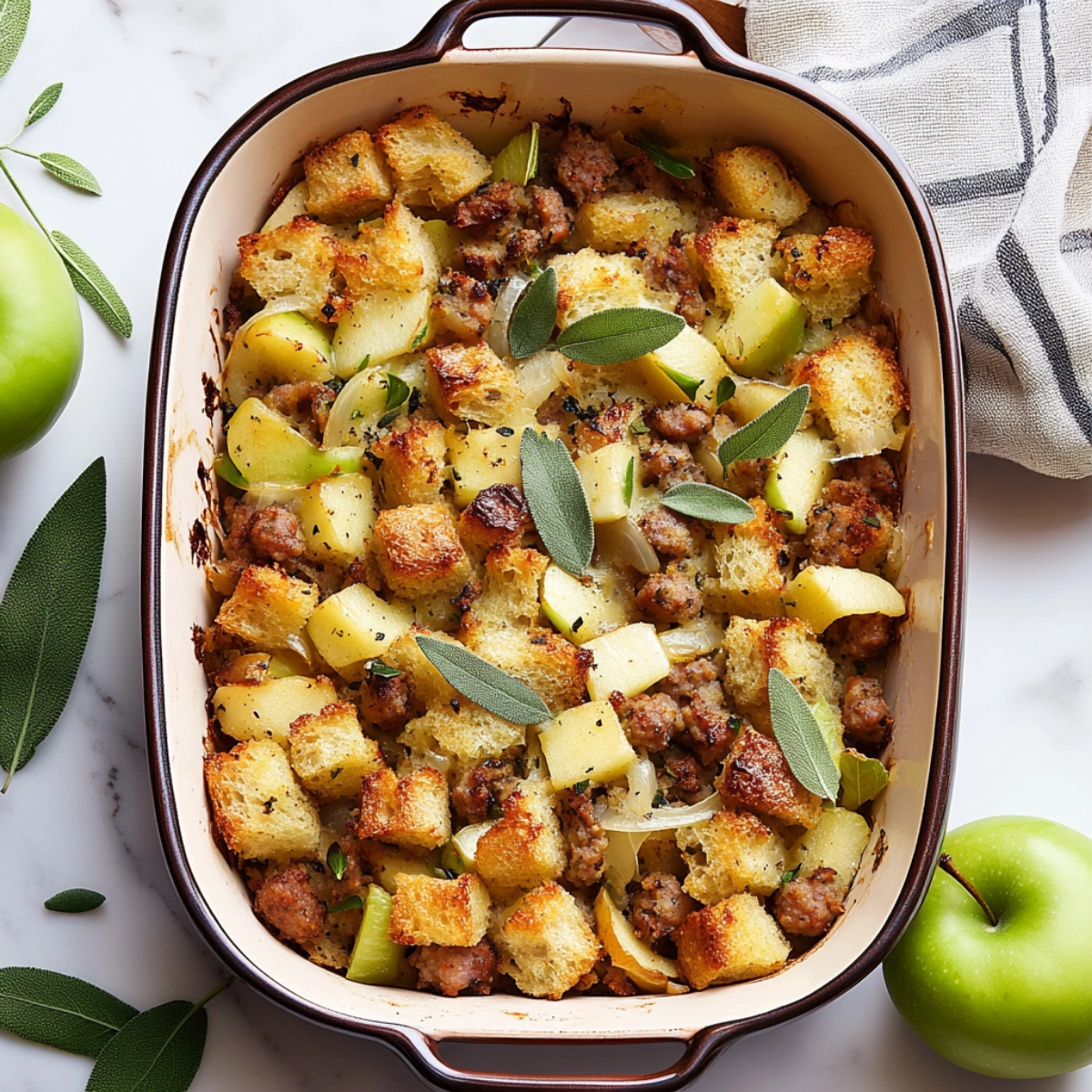 A fork lifting a serving of homemade stuffing with green apples, sausage, and fresh sage from a ceramic dish.