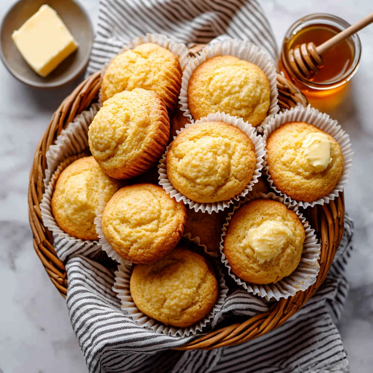 Golden corn muffins in a woven basket with butter and honey on a marble surface.