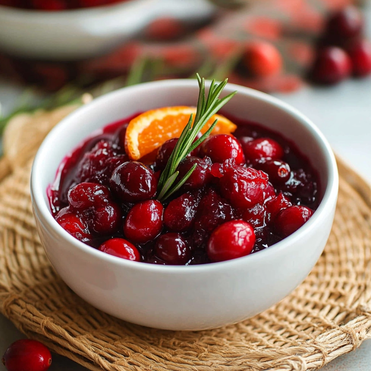 Close-up of homemade cranberry sauce with whole cranberries, orange zest, and rosemary in a white bowl.