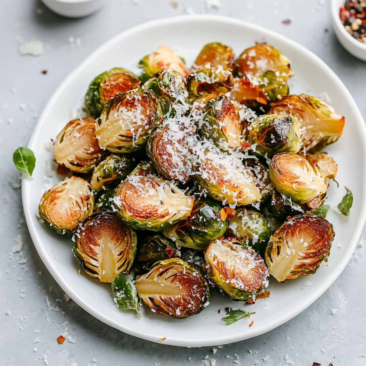 A close-up of roasted Brussels sprouts on a white plate, garnished with grated Parmesan cheese, highlighting crispy edges and golden-brown texture.