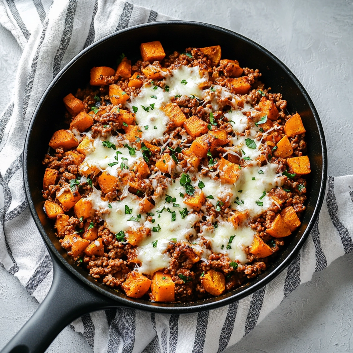 A delicious skillet dish with ground turkey, roasted sweet potatoes, and melted mozzarella cheese, garnished with fresh parsley on a textured gray surface.