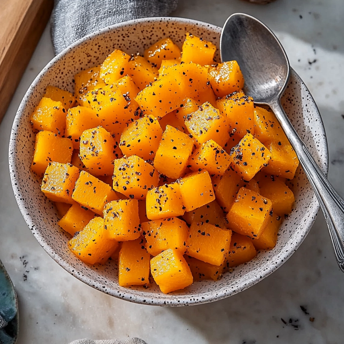 A close-up image of roasted butternut squash cubes seasoned with black pepper in a speckled bowl, with two spoons resting beside the dish.