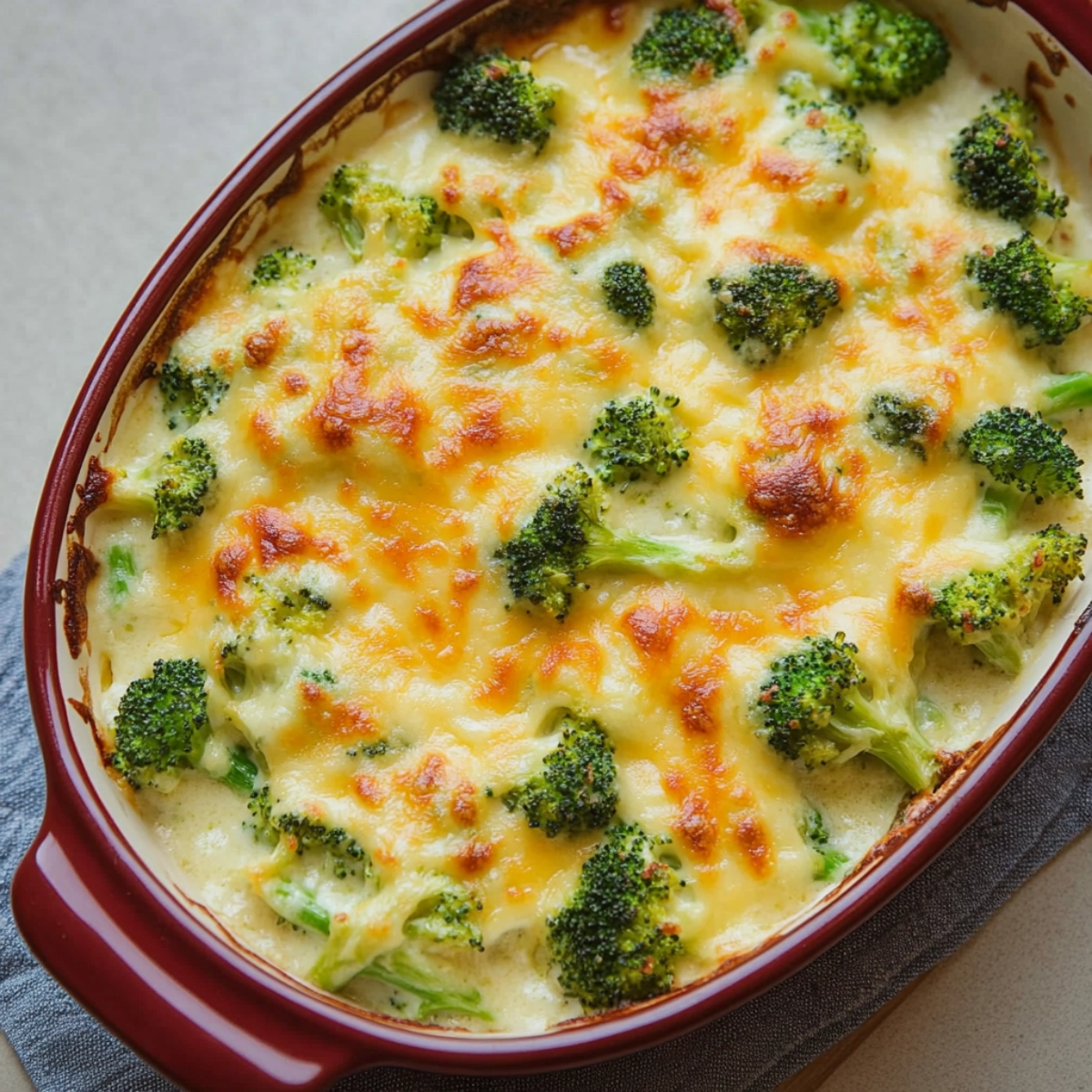 Cheesy Broccoli Casserole in a Red Baking Dish with Golden Brown Melted Cheese