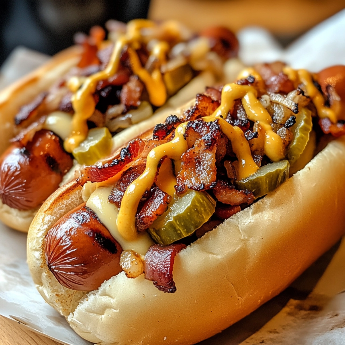 Gourmet grilled hot dogs with a fresh tomato and pepper salsa topping, garnished with shredded cheese in soft toasted buns.