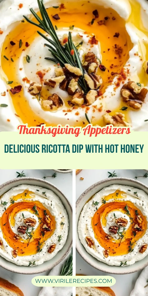Two bowls of whipped ricotta dip with hot honey, topped with rosemary and walnuts – side-by-side Thanksgiving dip presentation