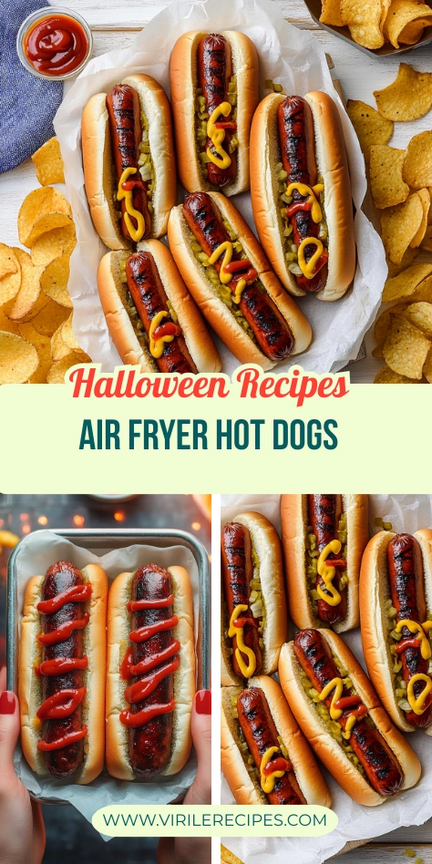 Air fryer hot dogs topped with ketchup, mustard, and relish, served with crispy chips, Halloween-themed display.