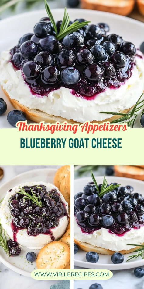 Blueberry goat cheese spread on crostini with fresh blueberries and rosemary garnish, perfect for appetizers.