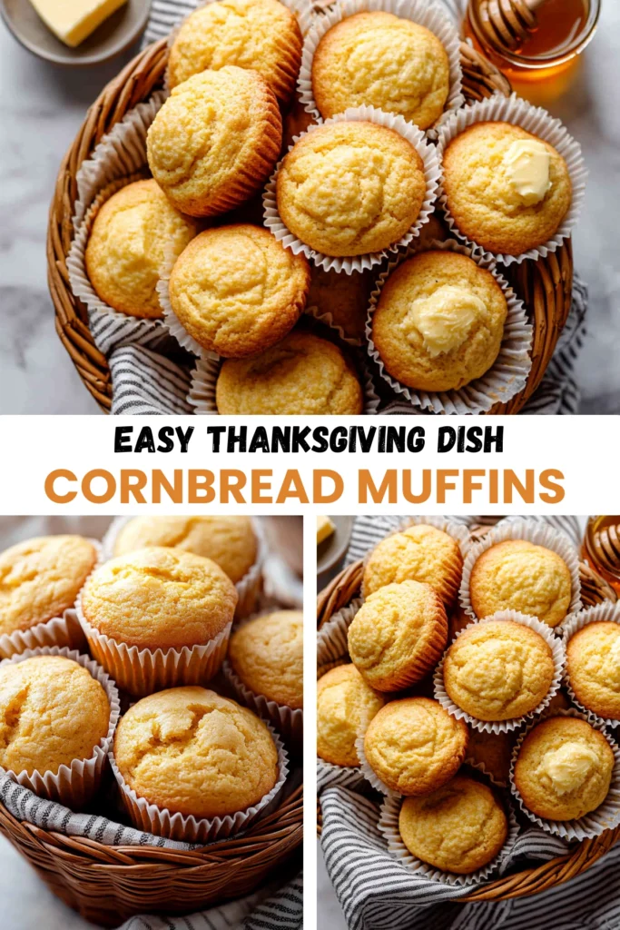 A basket of golden cornbread muffins topped with butter, honey jar on the side.