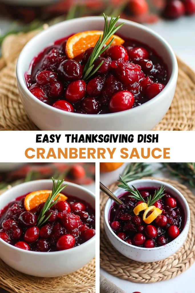 Collage of homemade cranberry sauce in white bowls with rosemary and orange garnishes, perfect for Thanksgiving.