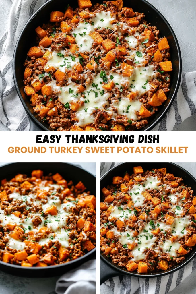 A delicious skillet dish with ground turkey, roasted sweet potatoes, and melted mozzarella cheese, garnished with fresh parsley. Served in a black skillet on a striped towel.