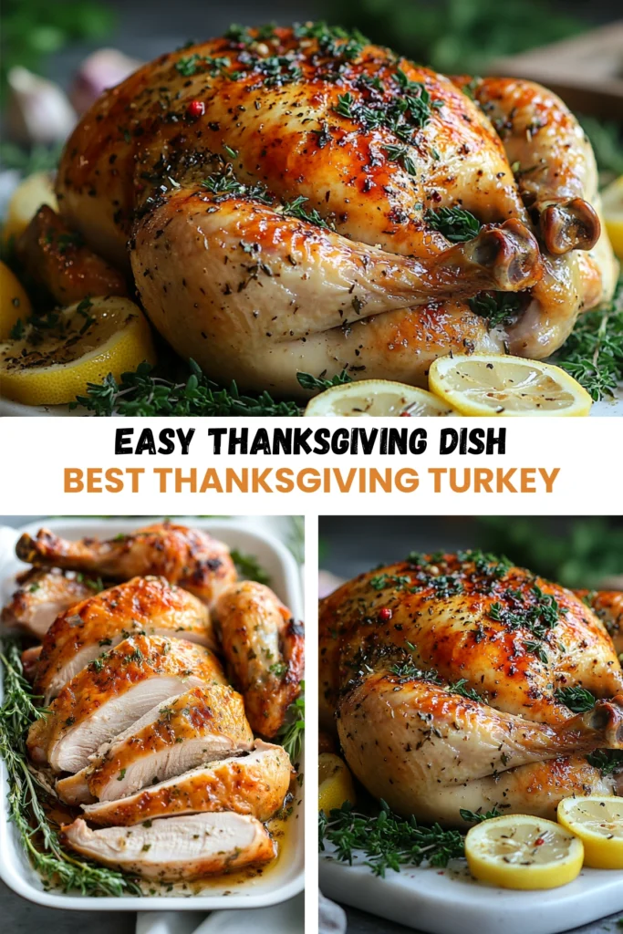 Roasted Thanksgiving turkey garnished with fresh thyme and lemon slices, with slices of tender turkey on a separate platter.