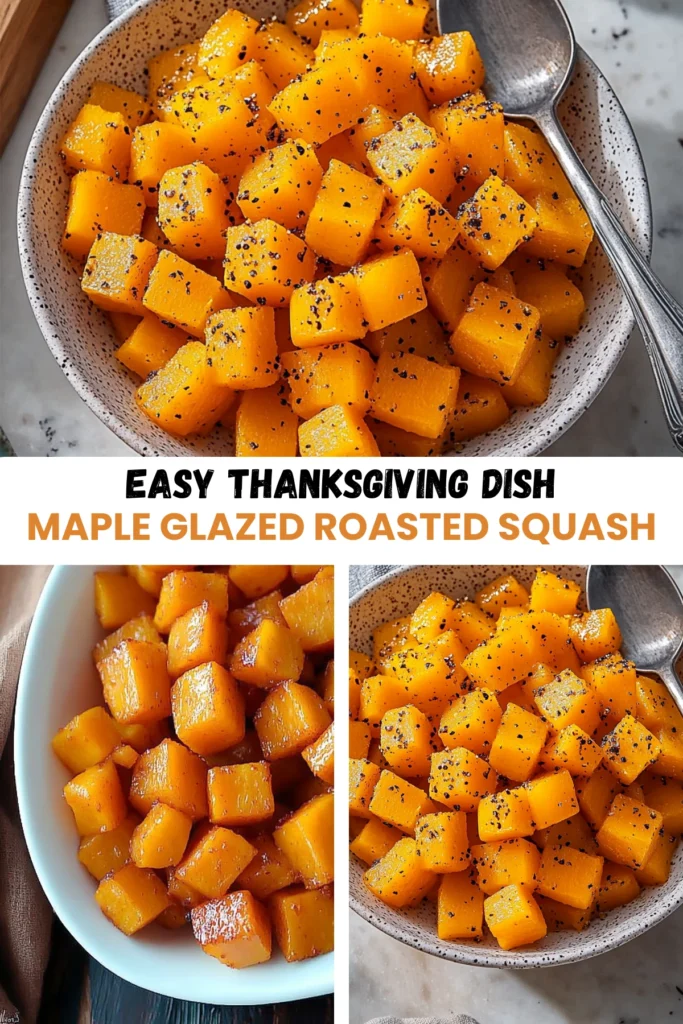 Maple glazed roasted squash cubes sprinkled with black pepper, served in a speckled bowl with silver spoons beside it.