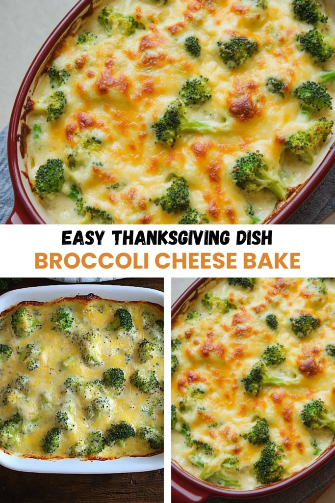 Collage of Cheesy Broccoli Bake Casserole with Golden Brown Melted Cheese in Baking Dishes