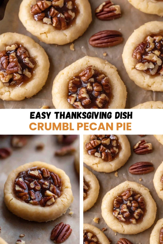 Freshly baked pecan pie thumbprint cookies with caramel filling, styled for Thanksgiving on parchment paper.