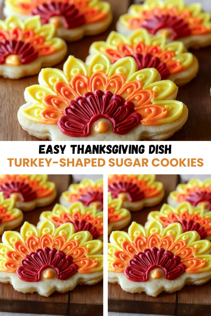 Close-up of turkey-shaped sugar cookies decorated with colorful buttercream feathers in yellow, orange, and red.