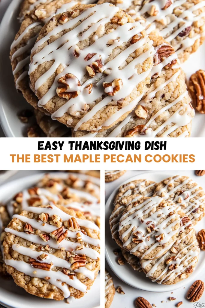 Collage of maple pecan cookies with white glaze on white plates, styled with pecans.