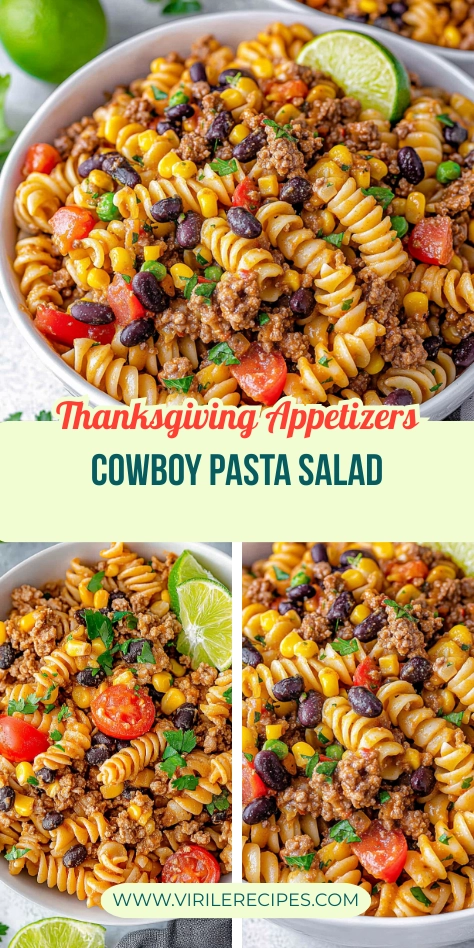 A vibrant cowboy pasta salad with rotini pasta, seasoned ground beef, black beans, sweet corn, and cherry tomatoes, garnished with fresh lime wedges and parsley. Featured with Thanksgiving Appetizers text.