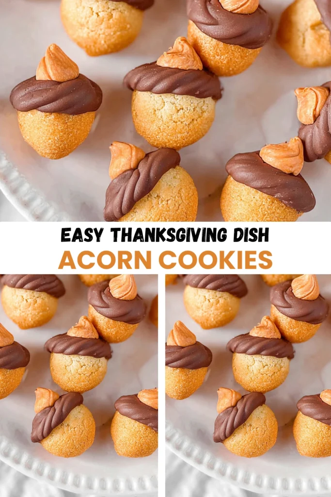 Pinterest-style acorn cookies made with vanilla wafers, chocolate, and butterscotch chips on a white plate for a Thanksgiving dessert idea.