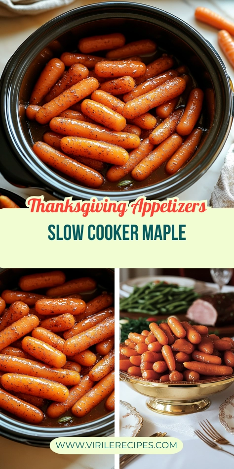 A Thanksgiving image showcasing slow cooker maple glazed baby carrots on the left and a golden bowl of glazed carrots on a festive dining table on the right.