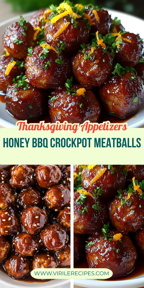 A collage of two images showing honey BBQ Crockpot meatballs in a rich sauce, garnished with orange zest and parsley, perfect for Thanksgiving appetizers.