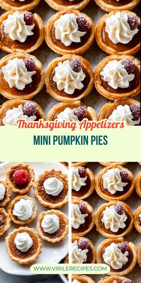 Mini pumpkin pies topped with whipped cream and sugared raspberries, with golden crusts and smooth filling, displayed on a light background and a white plate.