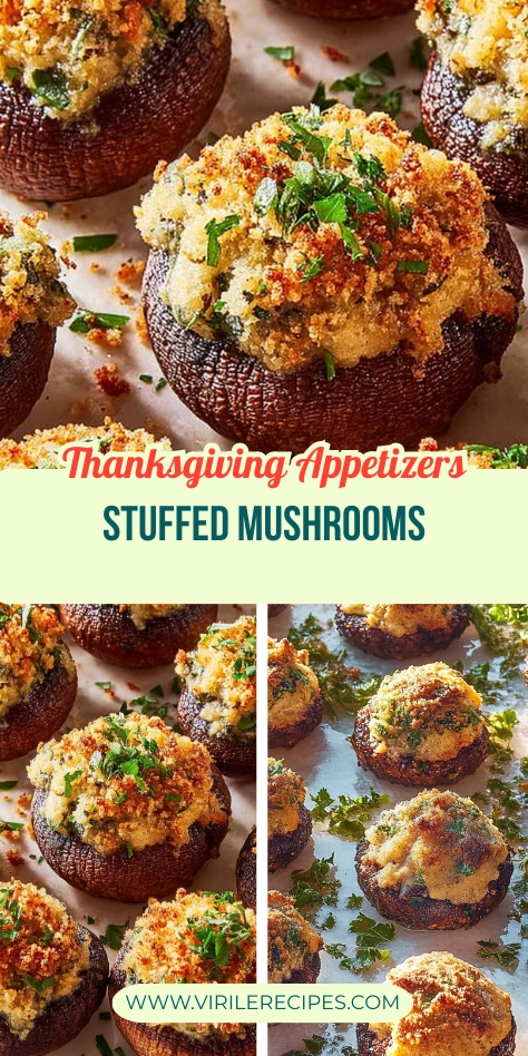Golden brown stuffed mushrooms with crispy breadcrumbs, fresh parsley, and savory filling, arranged beautifully for a Thanksgiving appetizer.