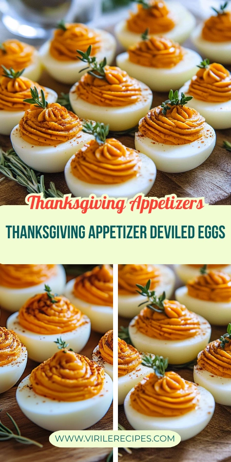 Deviled eggs with orange filling swirled into a pumpkin-like shape, garnished with thyme, rosemary, and paprika, placed on a wooden board with festive text overlay for Thanksgiving appetizers.