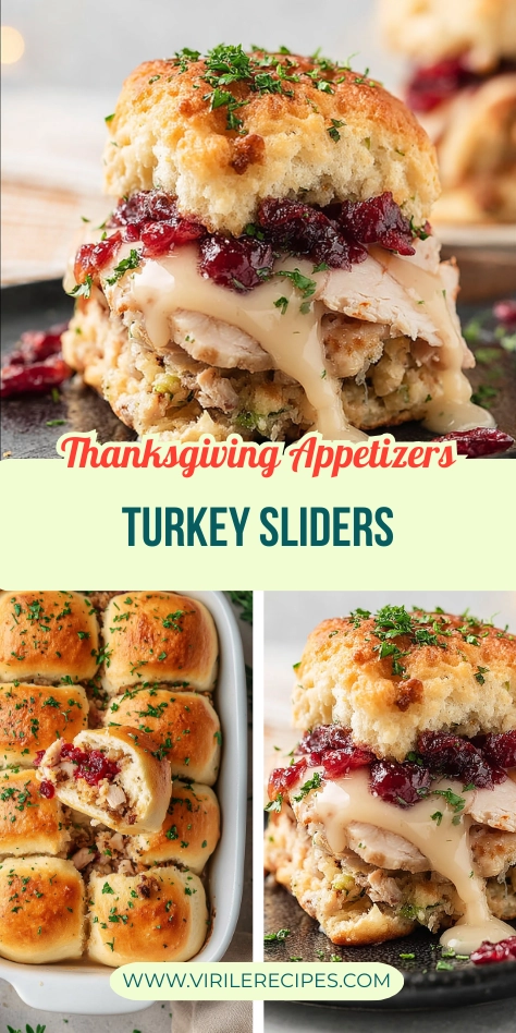 Collage of Thanksgiving turkey sliders with cranberry sauce, melted cheese, and stuffing in a soft dinner roll, and a casserole dish of golden-brown dinner rolls with turkey and stuffing filling, garnished with parsley.