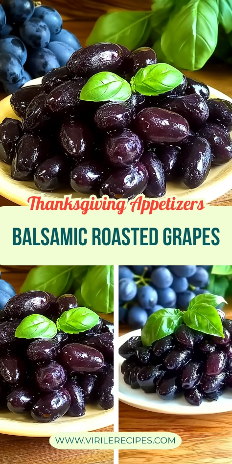 Close-up of balsamic roasted dark purple grapes garnished with fresh basil leaves, perfect for Thanksgiving appetizers