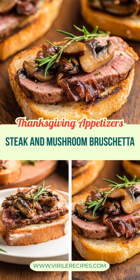 Steak and mushroom bruschetta with rosemary on toasted bread, perfect for Thanksgiving appetizers.