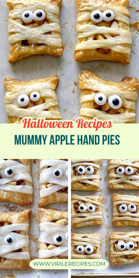 Halloween mummy apple hand pies with cinnamon filling, icing drizzles, and candy eyes on a baking tray.
