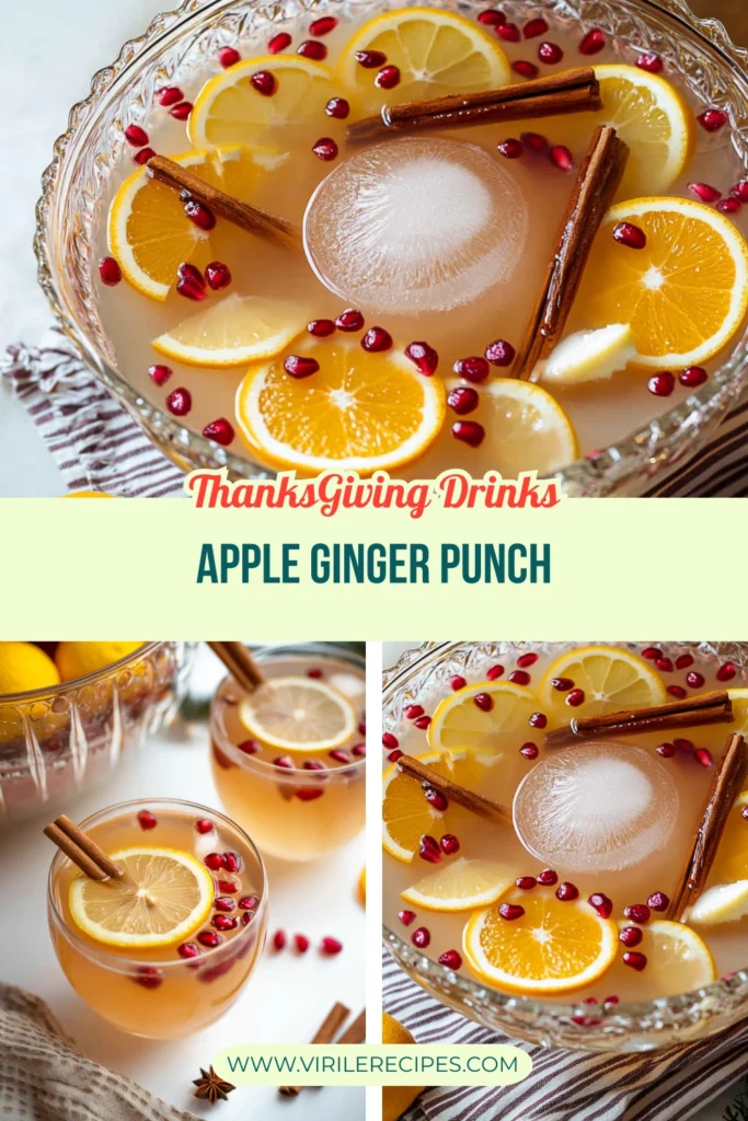 Apple ginger punch in a glass punch bowl with citrus slices, pomegranate seeds, and cinnamon sticks for Thanksgiving.