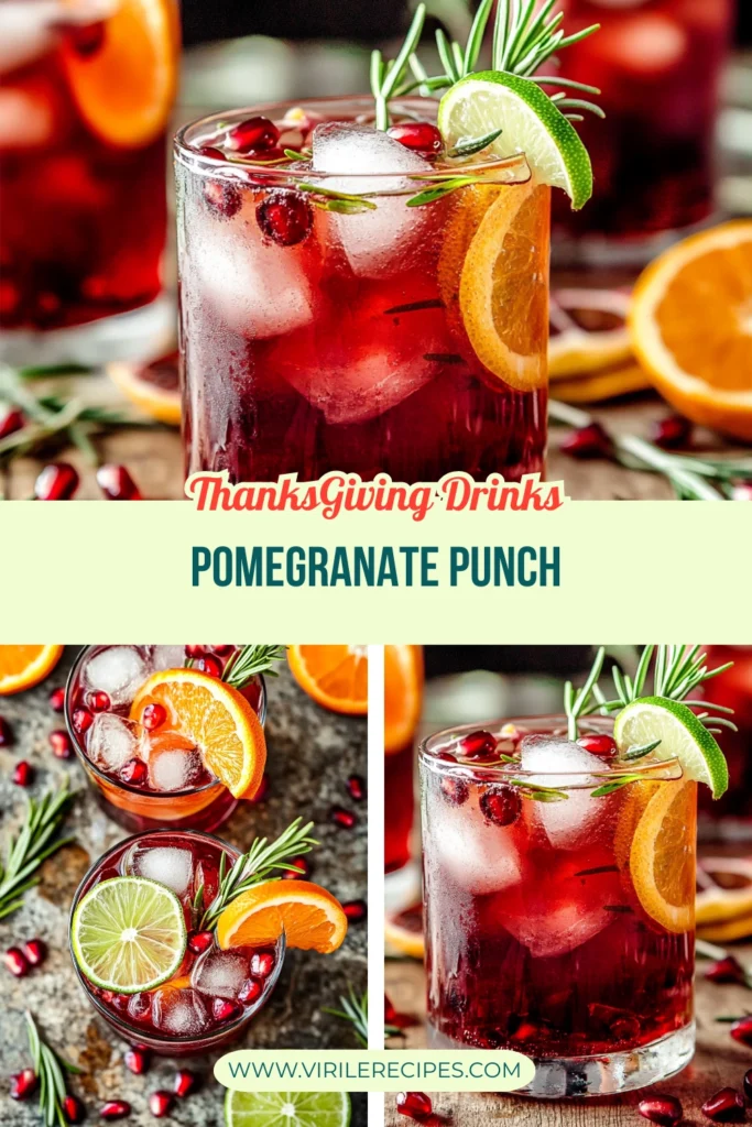 Thanksgiving pomegranate punch with citrus, rosemary, and pomegranate served in glasses on a rustic table.