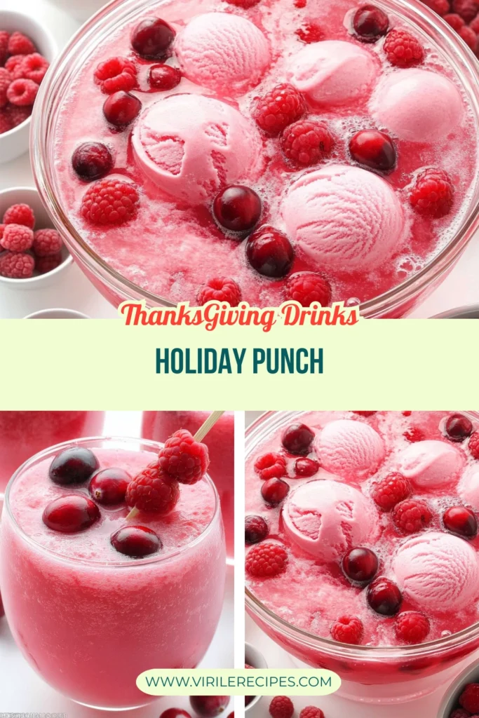 Thanksgiving holiday punch collage with pink sherbet punch, raspberries, and cranberries