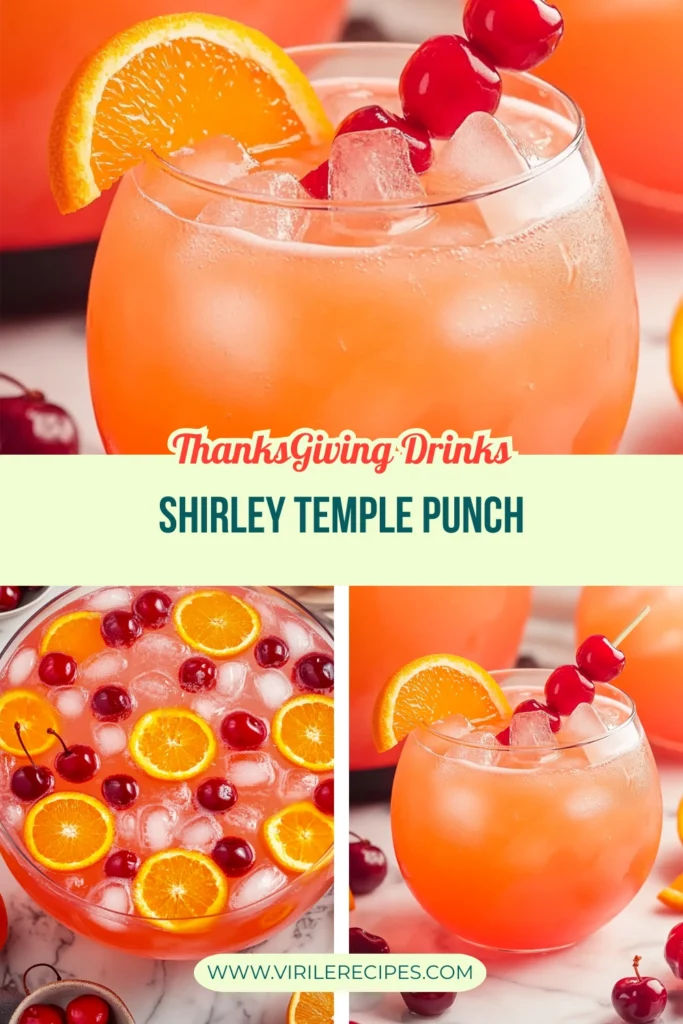 Thanksgiving Shirley Temple punch with orange slices and cherries served in glass and punch bowl