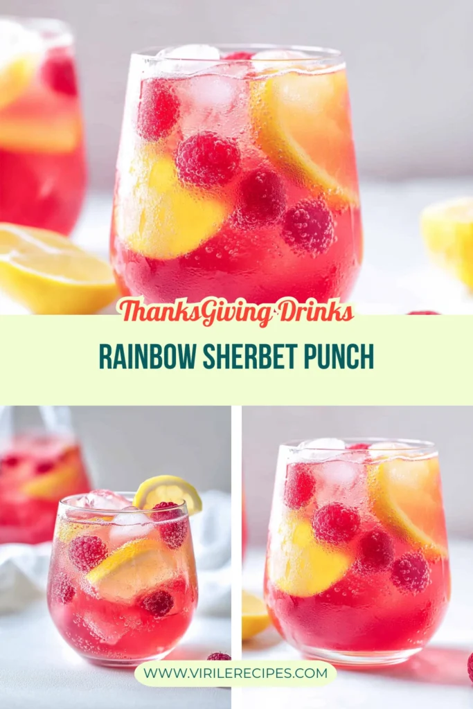 Rainbow sherbet punch with ice cubes, lemon slices, and raspberries served in clear glasses