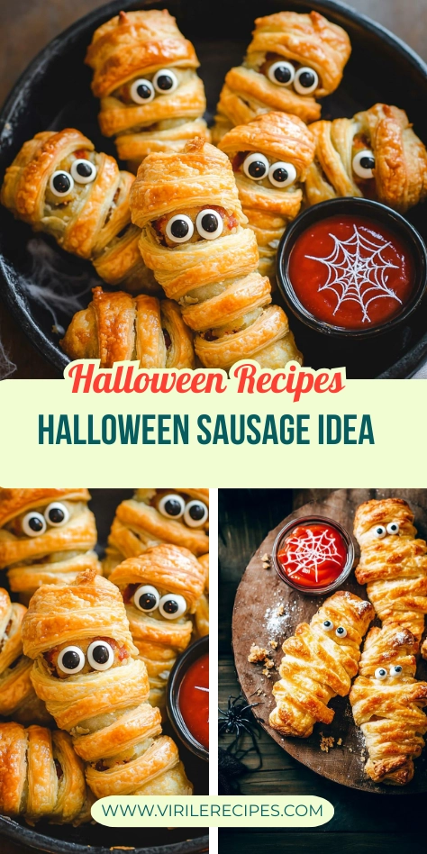 Halloween sausage pastries shaped like mummies with candy eyes and served with spiderweb ketchup and sour cream, displayed in a split image.