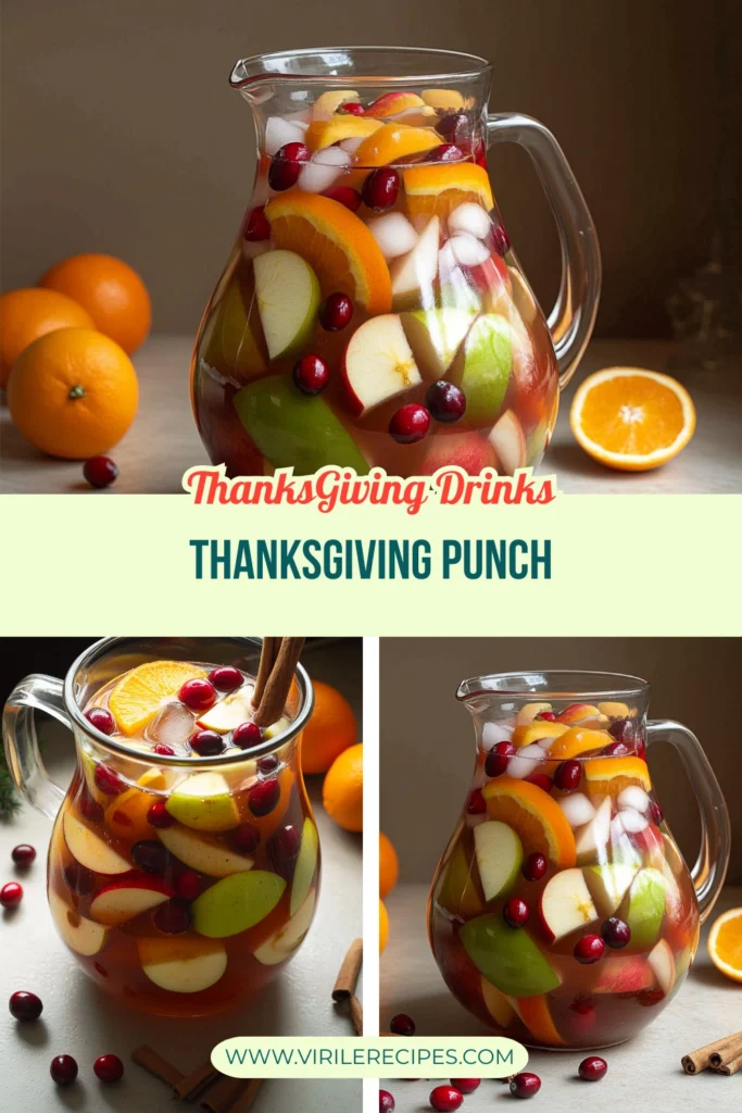 Glass pitcher of Thanksgiving punch with apples, oranges, cranberries, and cinnamon sticks surrounded by fresh fruit.