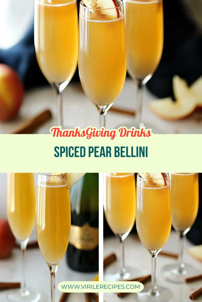 Spiced pear bellinis in champagne flutes with pear slice garnish and cinnamon sticks for Thanksgiving drinks
