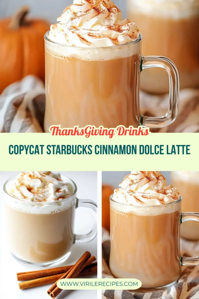 Copycat Starbucks Cinnamon Dolce Latte in glass mugs topped with whipped cream and cinnamon, styled with pumpkins and cinnamon sticks.