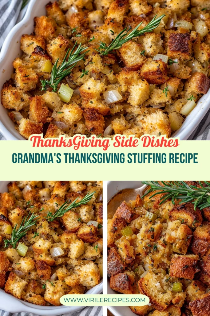 Close-up of golden-brown homemade Thanksgiving stuffing with crispy bread cubes, onions, celery, and fresh rosemary garnishing.