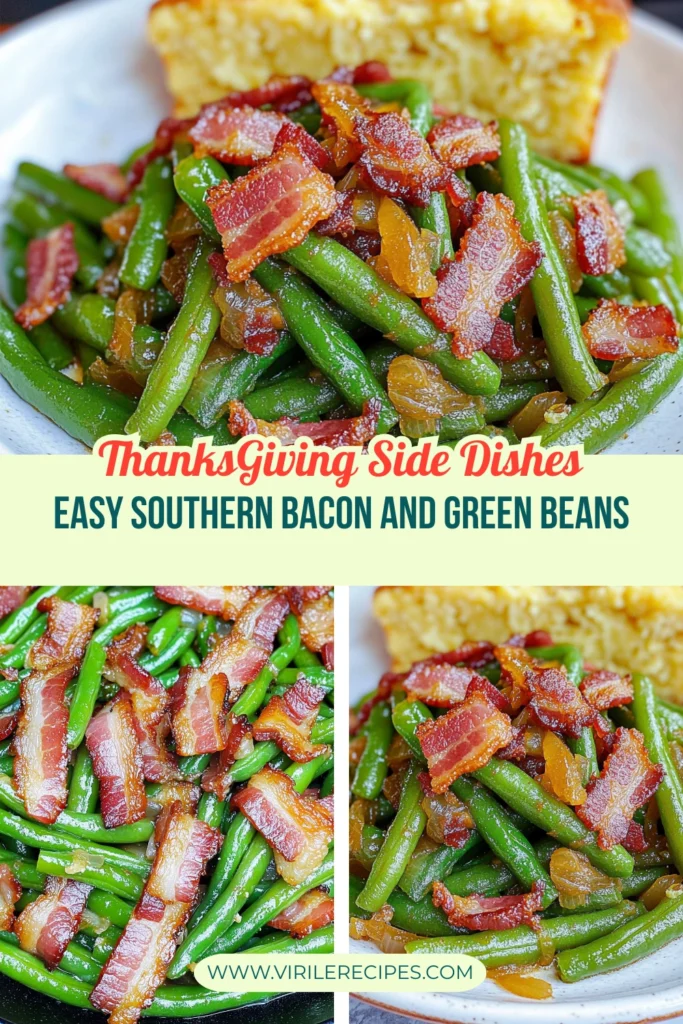 Southern green beans with bacon and caramelized onions served with cornbread, a perfect Thanksgiving side dish.